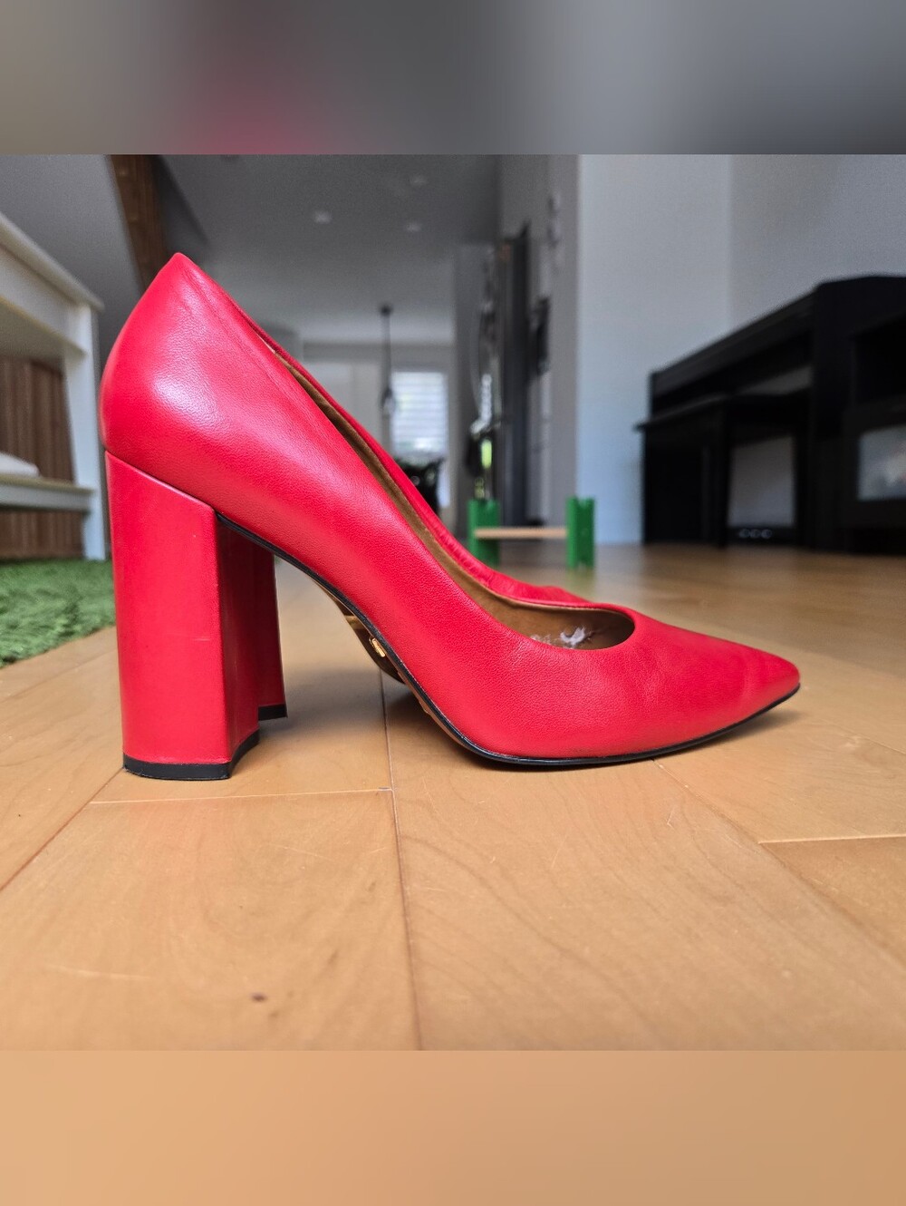 L'Intervalle "Ciara" Red Leather Pointed Toe High Block Heel Pumps